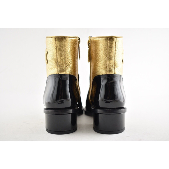 Chanel 18B Gold Black Patent Suede CC Logo Zipper Zip Short Ankle Bootie Boot 35 - Picture 9 of 10
